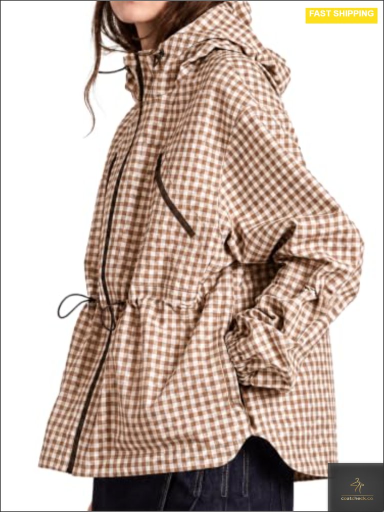 Women's Plaid Rain Jacket Hooded Waterproof Windbreaker Zip Up Long Sleeve With